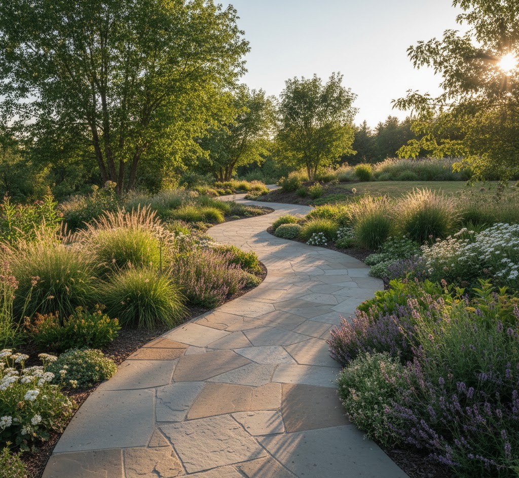 Curved pathway through landscape
